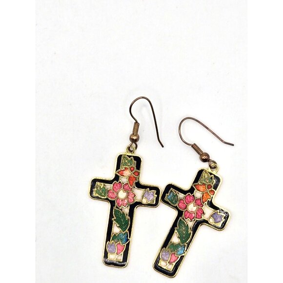 Vintage Black Floral Cloisonné Hook Cross Earrings 2 inches - Picture 5 of 6